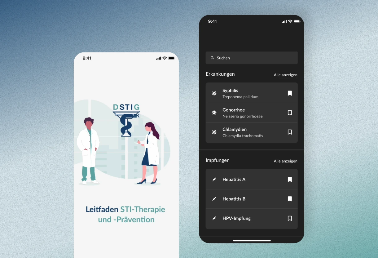 Abbildung von Screendesigns der DSTIG App. Die App bietet einen Leitfaden für STI-Therapie und Prävention, unterstützt medizinisches Fachpersonal mit klar strukturierten Informationen.